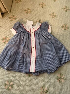 Blue Gingham Puff-Sleeve Kids Dress with Red Trim
